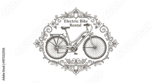 Vintage Electric Bike Rental Emblem - Ornate Frame with Bicycle Illustration