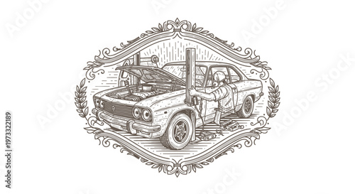 Vintage Engraved Car Emblem with Ornate Border