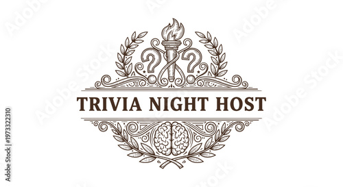Vintage Trivia Night Host Emblem with Brain and Torch