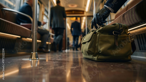 A sophisticated hand, encased in a sleek black leather glove, carefully reaches down to grasp or adjust a durable olive green canvas duffel bag, positioned securely on the polished floor of a