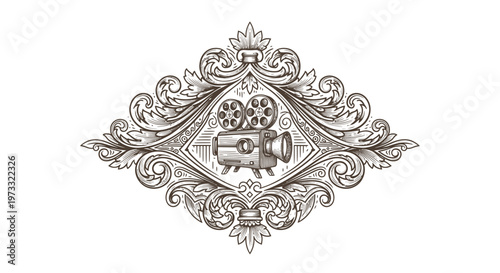 Vintage Engraved Cinema Camera Emblem with Ornate Flourishes