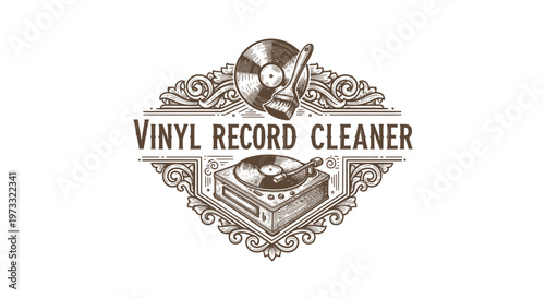 Vintage Vinyl Record Cleaner Logo Design with Turntable and LP