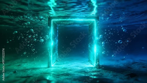 Underwater portal gate with bubbles and blue green light