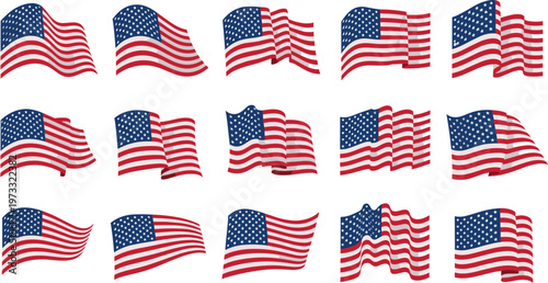 American Flag Icon Set Featuring Multiple Designs of the U.S. Flag in Different Waves and Angles for Patriotism, National Symbols, and Government Designs