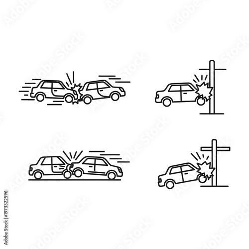 Four cars involved in different crash scenarios with explosion effects