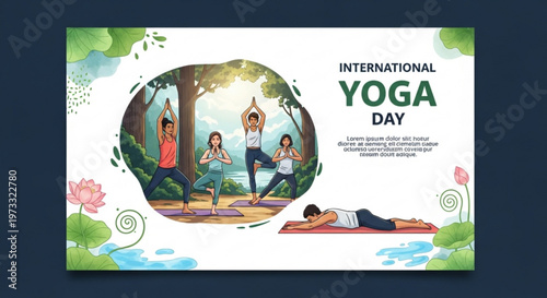 International Yoga Day promotional illustration with group practicing