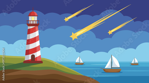 A picturesque lighthouse stands by the sea as shooting stars streak across a night sky, symbolizing guidance, hope, and the beauty of nature's wonders at night.