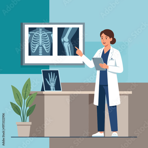 A healthcare professional in a lab coat discusses x-ray images, demonstrating key insights into patient care and the importance of diagnostic imaging in medicine.