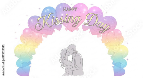 Happy Kissing Day illustration with pastel hearts and loving couple