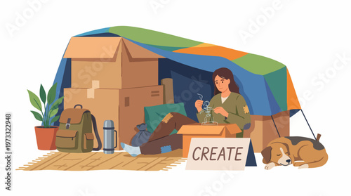 Konstfotografi This image illustrates a creative woman crafting art inside a makeshift tent filled with personal belongings, emphasizing resilience and artistic expression in unconventional spaces
