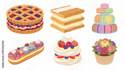 A vibrant assortment of various desserts like cakes, pastries, and sweets, showcasing an enticing display of color and textures that tempt the senses.