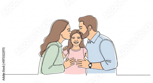 Single line drawing of parents kissing their daughter on the forehead