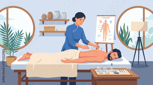 A skilled acupuncturist administers treatment on a patient, highlighting the practice's focus on wellness, holistic healing, and traditional medicine in a tranquil setting.