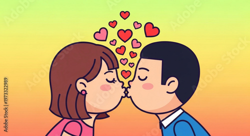 Cartoon couple kissing with floating red hearts on vibrant background