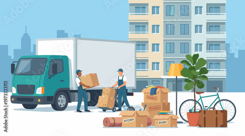 Two workers unloading boxes from a moving truck in an urban setting, illustrating the hustle and bustle associated with relocating to a new place and organizing belongings.
