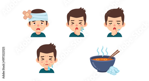 Sick Boy with Common Cold Symptoms and Recovery Vector Illustration in Flat Design Style for Healthcare and Wellness Concepts