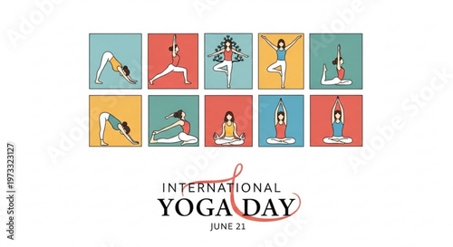 Collection of yoga poses in squares for International Yoga Day banner