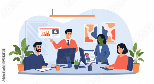 Diverse team collaborates on project in modern office, reviewing charts on screens