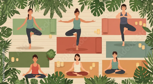 Group of people practicing yoga in a tropical botanical studio setting