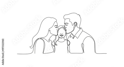 Continuous line drawing of parents kissing their child on both cheeks