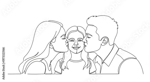 Continuous line drawing of parents kissing their child on both cheeks