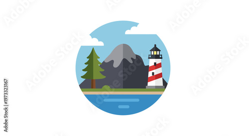 Scenic Coastal Landscape Vector Illustration featuring a Lighthouse, Mountain, and Pine Tree in a Flat Design Style, ideal for Travel, Nature, and Outdoor Adventure Concepts