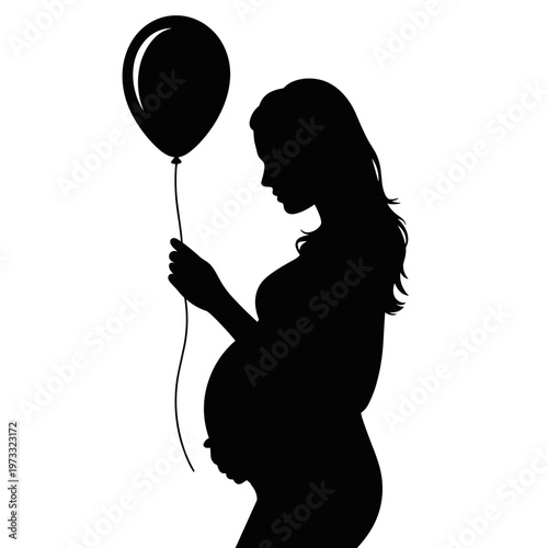 Pregnant woman holding balloon silhouette in side view, maternity ожидание and baby shower concept, isolated black figure for greeting card or celebration design