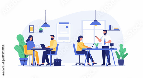 Office scene with people working on laptops and a presenter interacting with a team