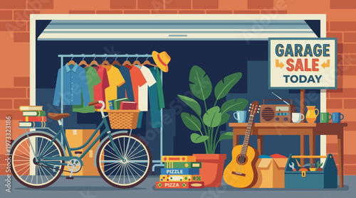 An inviting garage sale scene showcasing items for sale, providing shoppers with a chance to find hidden treasures while enjoying a sunny day filled with community spirit.