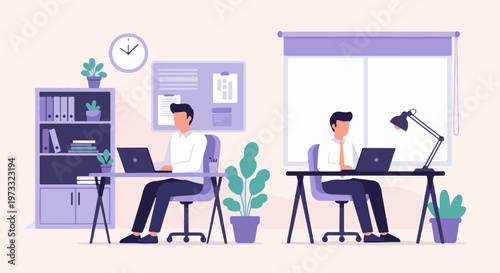 Two individuals working on laptops at desks in a modern, minimalist office with potted plants and shelving