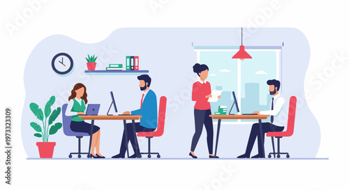 Modern office interior with four colleagues working at computers, plants, and city view