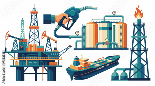 This image showcases a detailed illustration of an oil rig, a fuel dispenser, storage tanks, and a tanker, representing the energy production industry and infrastructure.