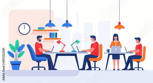 Employees collaborating on laptops at desks in a modern office with plants and lamps