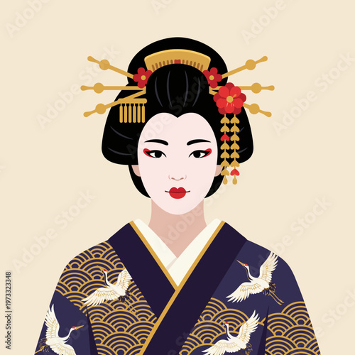 A beautifully illustrated geisha wearing traditional attire, showcasing intricate details of garments and accessories that highlight Japanese cultural heritage and artistry.