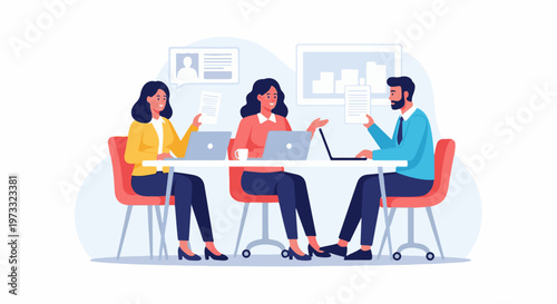 Three professionals collaborating around a table with laptops and documents