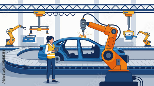 This image illustrates an automotive assembly line featuring advanced robotics and a technician overseeing the car manufacturing process, depicting modern industry automation.