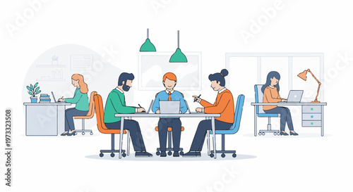 Diverse colleagues collaborate productively in a modern office setting, surrounded by professional tools