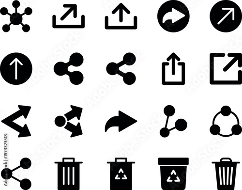 Share upload delete user interface icon set, share, upload, delete, recycle, export, reply