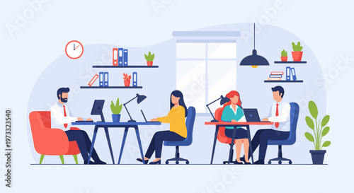 Office workers at desks using computers and attending meetings