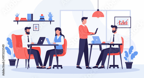 Modern office scene with four individuals engaged in work at desks with laptops and a chart on the wall