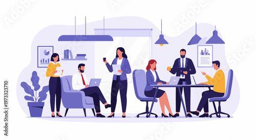 Team collaborating in a modern office, discussing strategy with laptops and documents