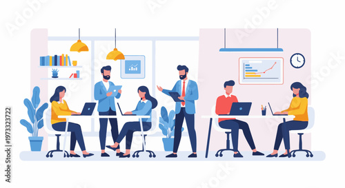 Modern office scene with diverse individuals collaborating and working on laptops (3)