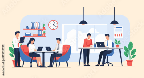 Office workers collaborating and concentrating on laptops at desks with plants and a clock