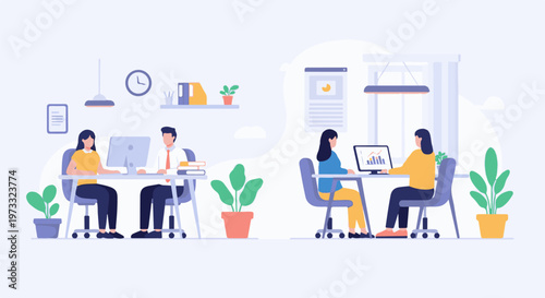 Two pairs of people working on computers in an office with plants and shelves