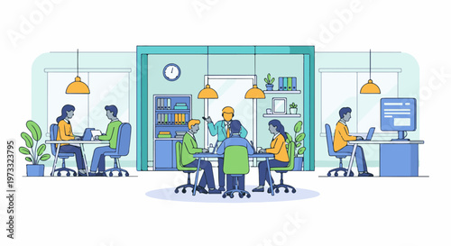 Diverse professionals collaborate and work at computers in a modern office setting