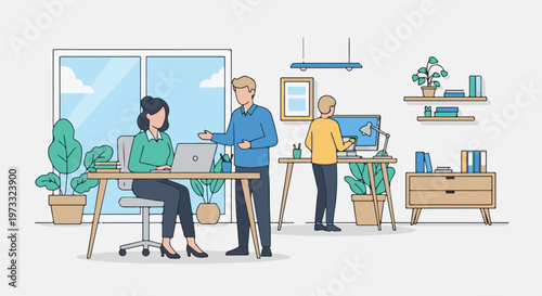 Colleagues collaborate in a bright, modern office space with plants and natural light