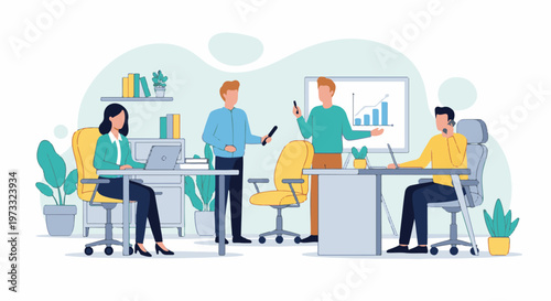 Team collaborates in a modern office setting, discussing progress on a whiteboard