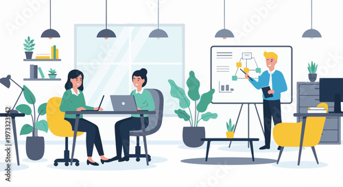 Colleagues collaborate and present ideas in a bright, modern office setting