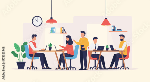 Office colleagues collaborating at desks with laptops under modern hanging lamps