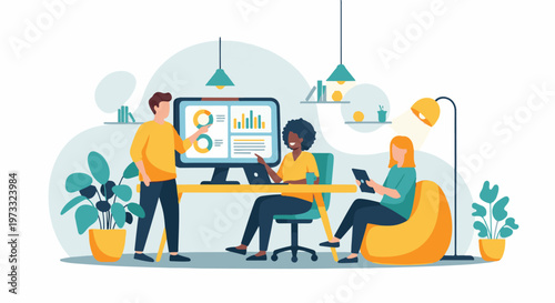 Diverse team collaborates on a data-driven project in a modern office